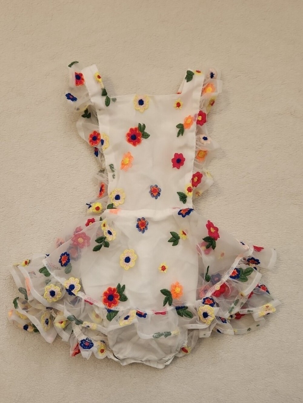 Numi 2t Bright Retro Floral Embroidered White Ruffle Romper
